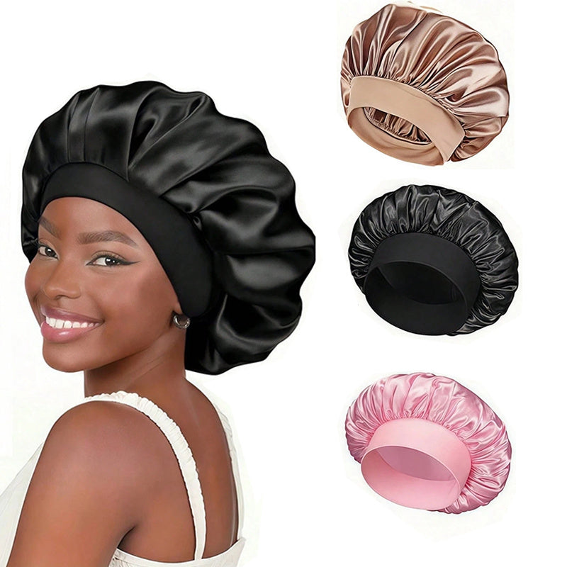 1pc Satin Sleep Cap, Soft Elastic Anti-frizz Hair Bonnet, Satin Hair Wrap for Curly Hair, Black and Golden Color, Home Bathroom Decor